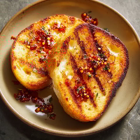 Zwei Toastbrot mit Zwiebeln und Paprika auf einem Teller.