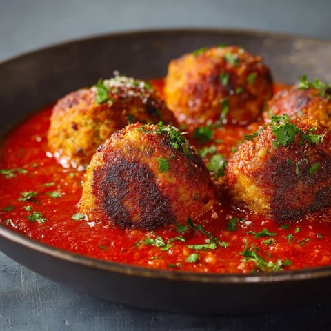 Ein Schalen mit einer Sauce, die mit kleinen, frittierten Fleischballen gefüllt ist.