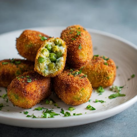 Ein weißer Teller mit frisch zubereiteten, frittierten oder gebackenen, innen mit Peas gefüllten, knusprigen Snacks.