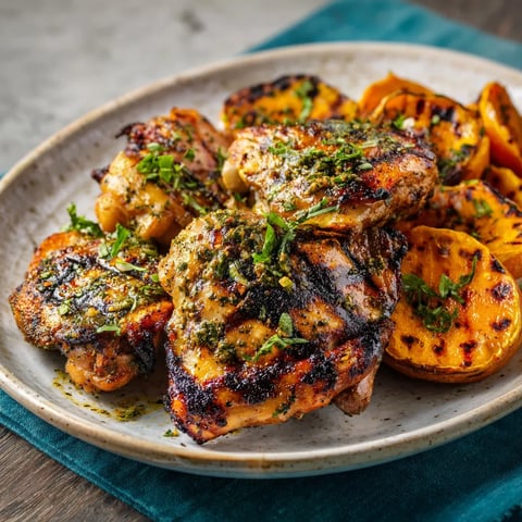 Ein Plate mit gegrilltem Chicken und roten Paprika.