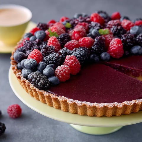 Eine Tasse mit einer Schokoladenseite und einer Schokoladenseite mit Raspberrys und Blaubeeren.
