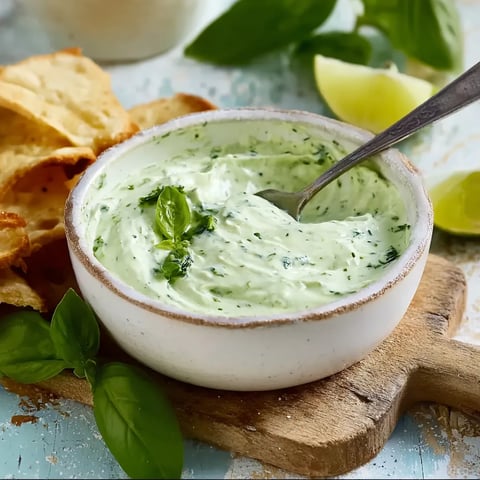 Ein weißer Kugelkopf mit grünem Dressing und grünen Blattchen darin.