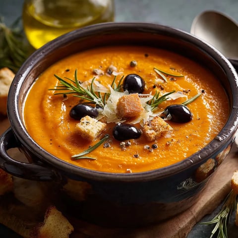 Ein Topf mit einer cremigen Suppe, die mit Oliven, Zwiebeln und Knusprigem Brot garniert ist.