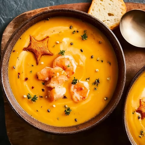 Ein Topf mit einer cremigen Suppe, die mit gerösteten Gewürzen und Kräutern zubereitet wurde.