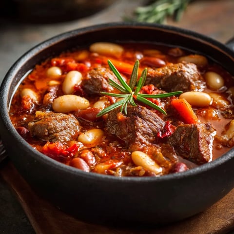 Ein schwarzes Kochgeschirr mit einer Mischung aus Fleisch, Bohnen, Kartoffeln und Gemüse.