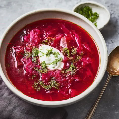 Ein Becher mit roter Suppe und grünen Zwiebeln.