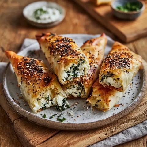 Ein Platter mit sechs Stücken von Blatt- und Käse-Pasteten auf einem Tisch.