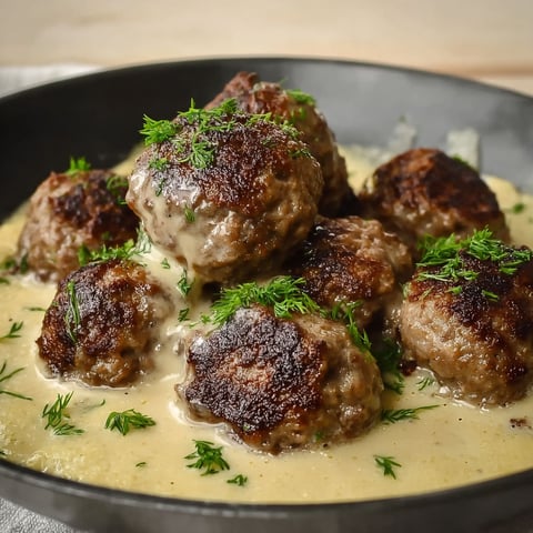 A bowl of meatballs in a creamy sauce.