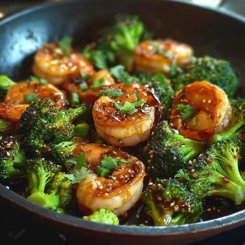 A pan of shrimp and broccoli with a spicy sauce.