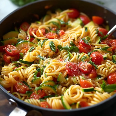 A bowl of pasta with tomatoes and zucchini.