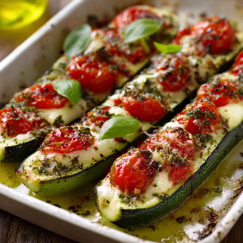 A dish of zucchini with tomatoes and mozzarella.