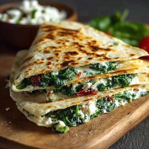 A spinach quesadilla on a wooden cutting board.