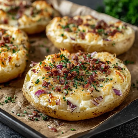 A plate of bacon and onion filled potatoes.