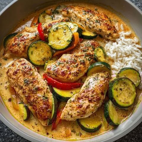 A bowl of chicken and vegetables.