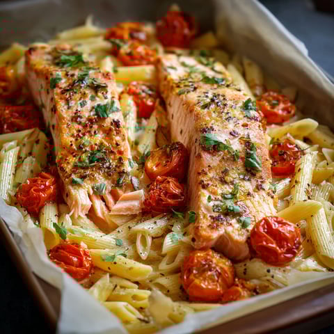 A dish of pasta with tomatoes and salmon.