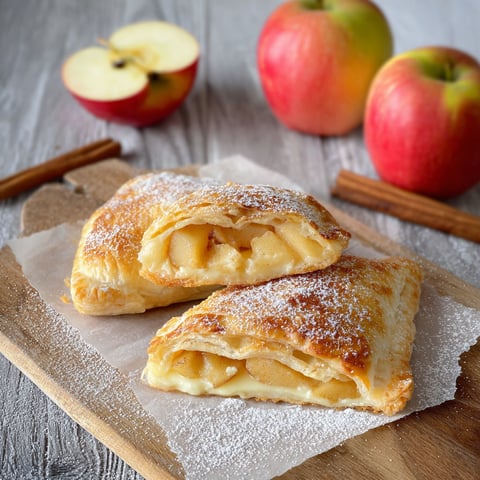 Two pieces of apple pastry with powdered sugar on a wooden board.