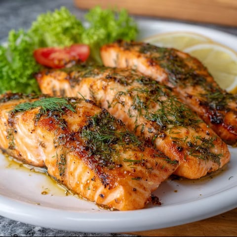 A plate of cooked salmon with a lemon wedge on top.