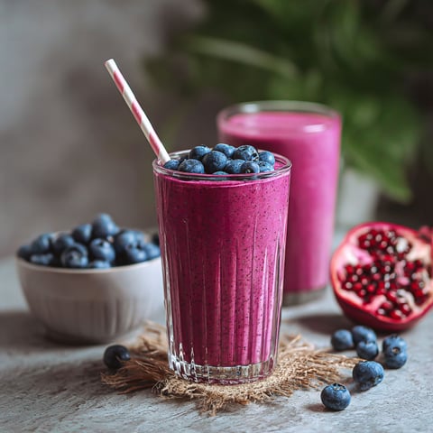 A glass of pink smoothie with blueberries and a straw.