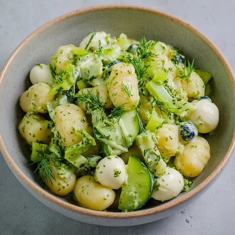 A bowl of gnocchi salad.