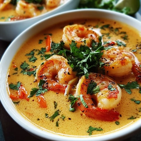 A bowl of shrimp soup with a green garnish.