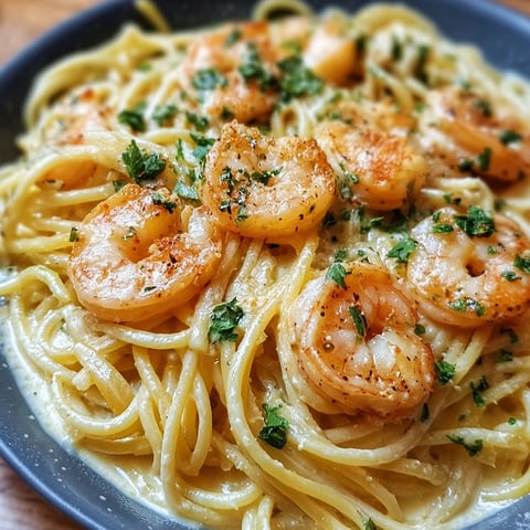 A bowl of spaghetti with shrimp and garlic.