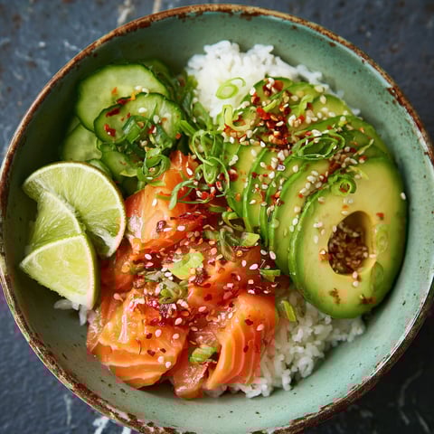 A bowl of food with avocado, rice, and cucumber.