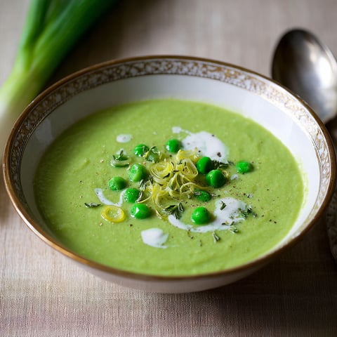 A bowl of soup with peas and herbs.