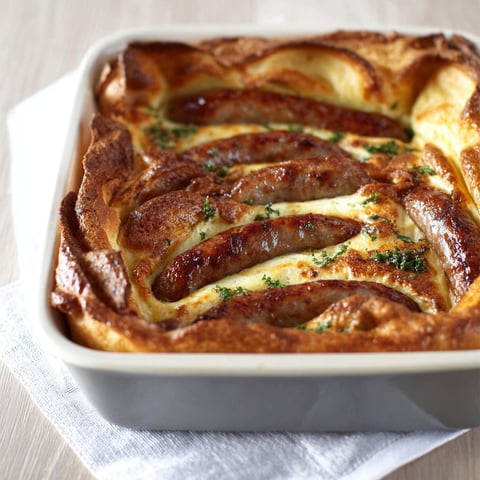 A Toad in the Hole dish with sausage and cheese.