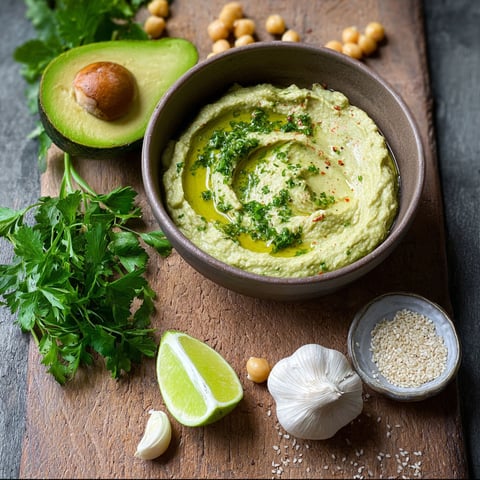 A bowl of hummus with avocado and chickpeas.