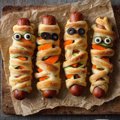 Four hot dogs wrapped in dough and decorated with eyes and black olives.