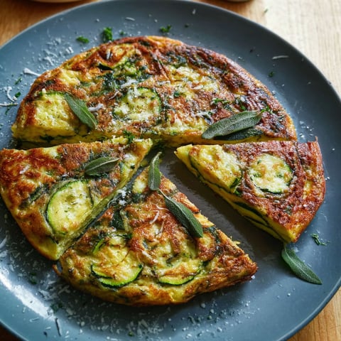 A slice of zucchini frittata with herbs on a plate.
