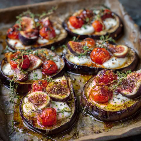 A tray of food with tomatoes and figs.