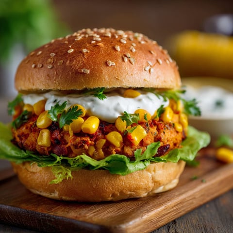 A burger with corn on top.