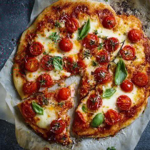 A slice of pizza with tomatoes and basil.