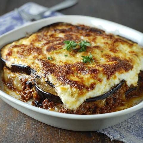 A white bowl filled with a delicious moussaka.