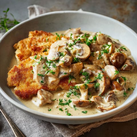 A bowl of Zürcher Geschnetzeltes with mushrooms and herbs.