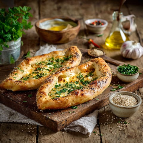 Two pieces of mozzarella pide on a wooden table.