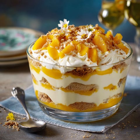 A glass bowl filled with a dessert made with mango and tiramisu.