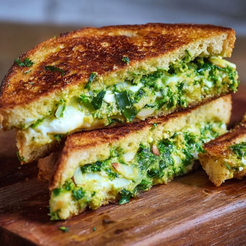 A sandwich with greens and cheese on a wooden table.