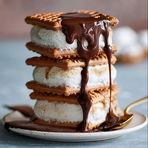 A stack of sandwiches with chocolate sauce dripping down them.
