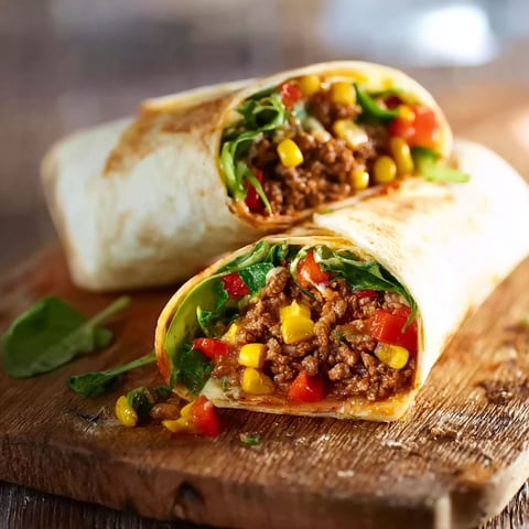 Two wraps filled with meat and vegetables.