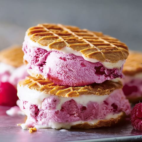 A stack of three sandwiches with waffles.