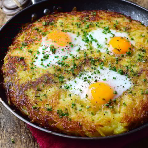 A delicious looking Riesen-Rösti with eggs in it.