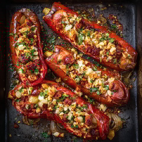A pan of peppers with meat in them.