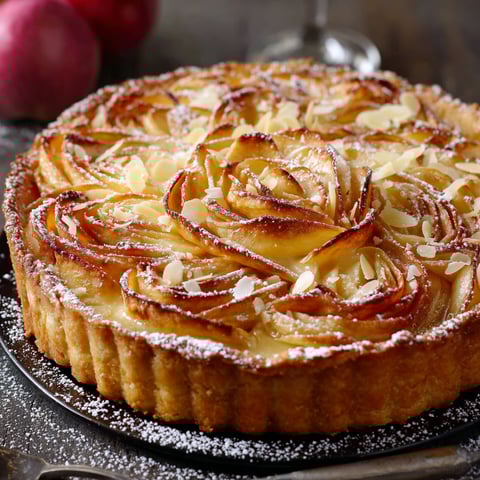 A slice of apple pie with a dollop of vanilla cream.