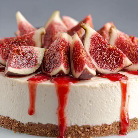A slice of cheesecake with figs on top.
