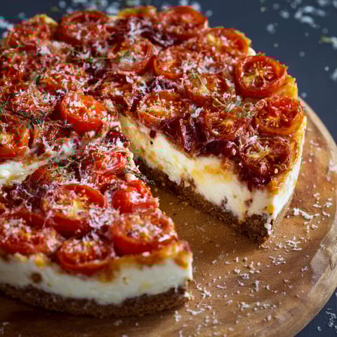 A slice of spicy cheesecake with tomatoes.