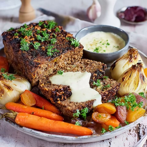 A plate of food with meat, vegetables and sauce.