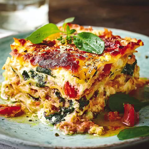 A dish of lasagna with spinach and broccoli.