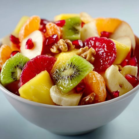 A bowl of fruit with kiwi, apple, pear, orange, and pomegranate.